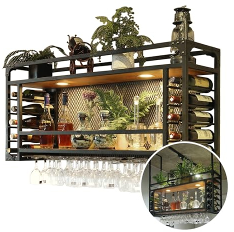 Deckenregal Hängend Weinregal, Große Kapazität Weinregal Hängender, Kann Hängend Oder An Der Wand Montiert, Einfache Art Mit Licht Weinregal Für Bar, Restaurant, Indoor (Black, 80 * 30 * 55+40cm)