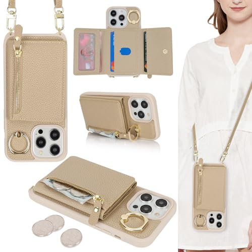 ELTEKER Handyhülle für iPhone 15 Pro Hülle mit Band Kartenfach Ringhalterung Geldbörse,Leder Klapphülle Umhängetasche Handytasche für iPhone 15 Pro - beige