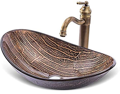 Éviers à Poser, Lavabo de Salle de Bain au-Dessus du comptoir, Vasque, Vasque de Lavage Artistique combinée avec Robinet en cuivre, Ensemble de vidange escamotable