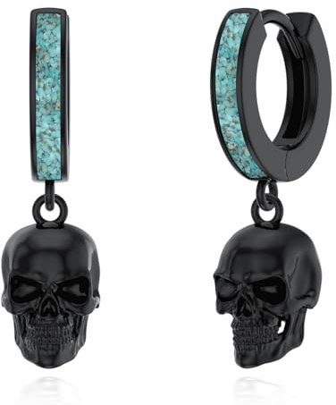 CHENGHONG Totenkopf Ohrringe Silber 925 Hängend Türkis - Schwarze Creolen Schmuck - Geschenke für Frauen Männer