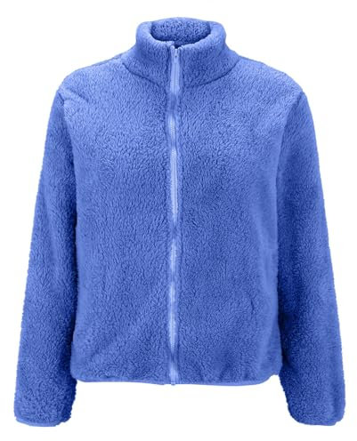 VEMOW Fleece Jacket Women Teddy Winter Jackets Oversize Sweatshirts Thermal Ladies Jumpers Warm Plush Coats Zip Up Fluffy Outwear Long Sleeve Stand Collar Shaggy Outerwear With Pockets(A Blue,5XL)