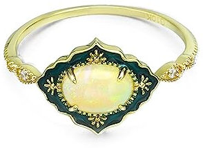 Tolldek Gelbgold Au585 14K Echt Gold Schmuck Ring, Blumen Rhombus Eheringe mit Opal Hell Gelb Oval Form, 585 Gold Verlobungsring Freundschaftsringe Trauringe mit Moissanite für Damen, Gr.51