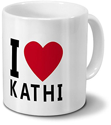 printplanet Tasse mit Namen Kathi - Motiv I Love Kathi - Namenstasse, Kaffeebecher, Mug, Becher, Kaffeetasse - Farbe Weiß