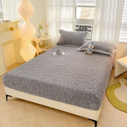 KnSam Betttuch mit 2er Kissenbezüge 200x220cm Set 3teilig Fest, Herz Muster Spannbettlaken Grau Schlafkomfort, Samt Spannbettuch Laken für Boxspringbett & Wasserbett