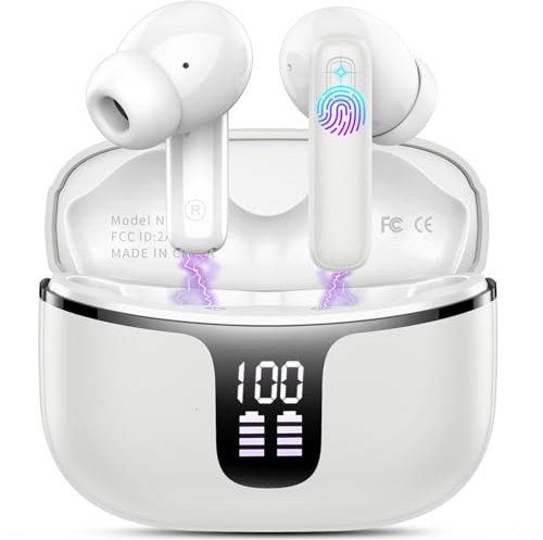 Cuffie Bluetooth, 2025 Auricolari Bluetooth 5.3 Stereo HiFi con 4 ENC Mic, Cuffie Wireless In Ear 40H Cuffiette Bluetooth Sport LED USB-C Touch Control IP7 Impermeabili Earbuds per Android iOS Grigio
