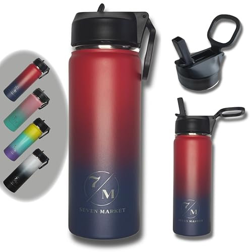 Botella agua acero inoxidable pajita retractil 525mls + Ebook de recetas - Termo frio y caliente - Botella termica deporte - Botella agua gimnasio - Termo Matcha - Sin BPA - Asa movil (ROJO/AZUL)