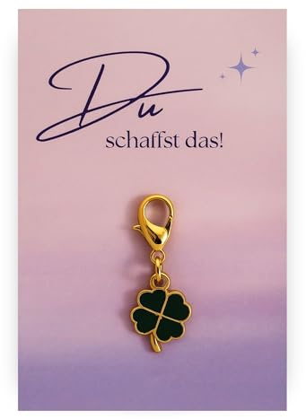 Milaboo® Kleeblatt Schlüsselanhänger mit Karte – Glücksbringer Geschenk für besondere Anlässe wie Prüfung, Reise, Einschulung, Operation, 12 Varianten, 55x85 mm (Du schaffst das)