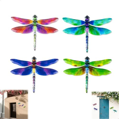 lemgyiamz Wanddeko Aussen Metall Libellen, 4 Stück Prachtlibellen Garten Terrasse Wetterfest Hängende Wandkunst Kleinlibellen Wand Wanddekoration Aufhängen, Dragonfly Skulptur Deko für Außenbereich