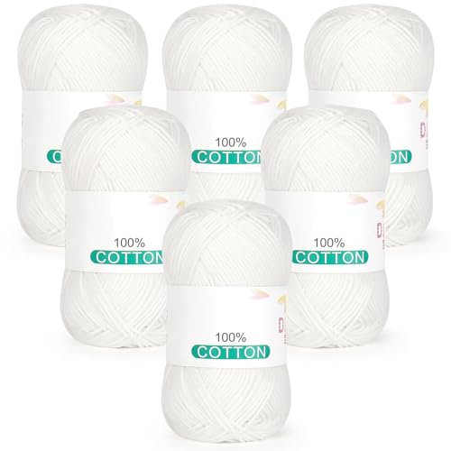 Reessy 100% Cotton Yarn for Crochet and Knitting, 6 Skeins (50g Each, 300g Total), Ideal Crochet Yarn for Dishcloths, Baby Blankets, Wearables & DIY Crafts(White)