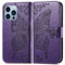 Mixroom - Custodia Cover per iPhone 14 Pro Max in Pelle Ecopelle a Libro Portafoglio con Stand Viola Intaglio Farfalla Chiusura a Linguetta Magnetica