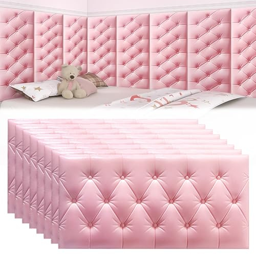 Tokenhigh 8Pcs Anti Collision Wall Padding, 60x30cm Self Adhesive Headboard Panels, Upholstered Padded Wall Panels, Peel and Stick Wall Cushion for Bedroom Playroom Protection (Pink)