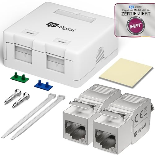 HB-DIGITAL 1 Stück Aufputz-Netzwerkdose 2-Port CAT 6a inkl. Keystone - Weiß | Werkzeuglose 1-Port-CAT-6a-Aufputzdose mit geschirmtem Keystone-Modul für Datenübertragungen bis zu 10 Gbit/s - Weiß