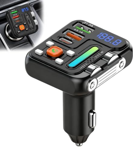Ouitble Auto FM Transmitter Bluetooth 5.0 Audioadapter 12V 24V | 12V 24V Bluetooth Autoladegerät Adapter mit 2 USBA + TypC, 2 USBA + TypC Zigarettenanzünder mit LED Display für Reisen