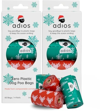 Adios Plastic - Compostable Dog Poop Bags, 120 Count (8 Rolls) - Christmas Colours - Extra Thick, Leakproof, Odour Proof Dog Waste Bags - Made from Compostable Cornstarch - Easy Tear Rolls