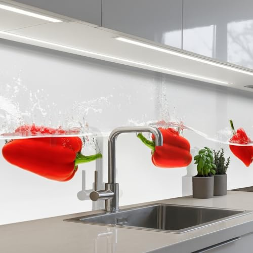 KitchenYeah© Spritzschutz Küche Küchen Rückwand Küchendeko Wand Wandschutz | 60x200 cm - Selbstklebend Backsplash Kitchen Peel And Stick Spritzer - Gemüse - Rot