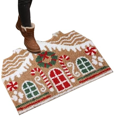 Weihnachts Vordertür Matte Rutschfest Lebkuchenhaus Türmatte Deko 81x51 cm | Festlicher Außenteppich Für Feiertag Außenbereich Innenbereich Eingangsbereich Küche Badezimmer Wohnzimmer Garage