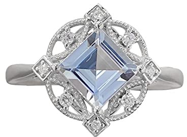 Generisch Princess Cut Aquamarin Verlobungsring Ehering Geburtsstein Braut Solitär Ring für Frauen Dünne Ringe Silber (Silver, 7)