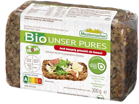Mestemacher Bio Unser Pures Haferbrot ohne Mehl und ohne Hefe, Nutri Score A, vegan, Ballaststoffreich, mit wertvollen Omega 3 Fettsäuren, Vollkornbrot Diabetiker geeignet, 5 Scheiben, 300g