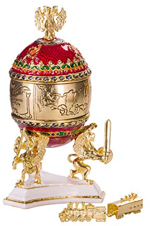danila-souvenirs Transsibirisches Eisenbahn Fabergé-Stil Ei Schmuckkästchen 12,5 cm rot
