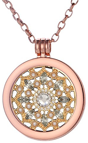Morella Damen Halskette Rosegold 70 cm Edelstahl und Anhänger mit Coin Blüte Zirkonia Gold 33 mm im Schmuckbeutel