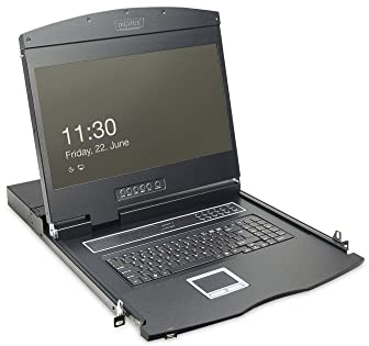 DIGITUS 19 KVM Konsole mit 19 TFT Display (16:9), TR-Tastatur-Layout, KVM Switch mit 8 Cat5 Ports, Schwarz