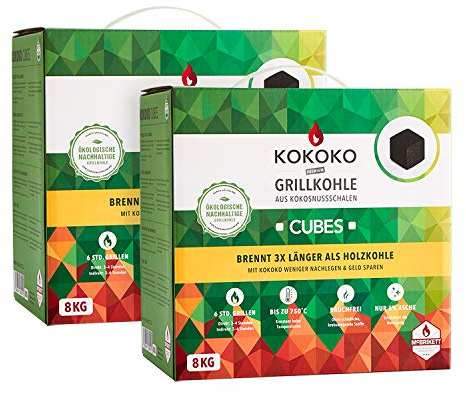 Set: 2 x 8 kg KOKOKO Cubes Premium Grillkohle, Bio Kokos Grillbriketts in Würfelform
