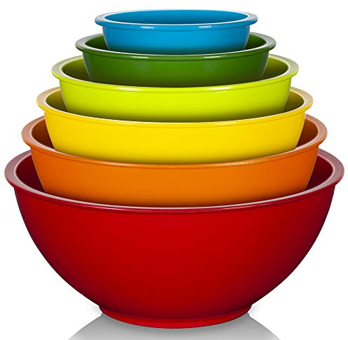 YIHONG 6 Piece Plastic Mixing Bowls Set, Colorful Serving Bowl for Kitchen, Ideal for Baking, Prepping and Cooking,Nesting Design for Space Saving Storage, Rainbow