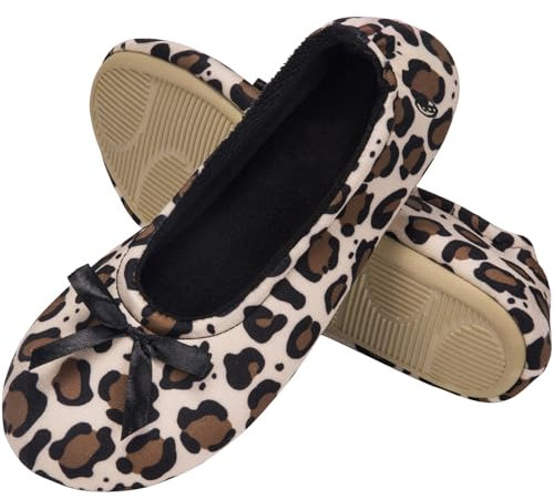 EverFoams Women's Ballerina Slippers Lightweight Comfy Memory Foam House Shoes with Stretchable Heel Design Leopard Tan 7/8 UK