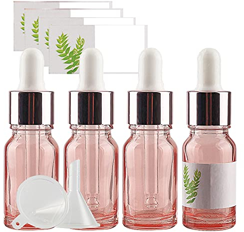 TIANZD 4 Stück 10 ml Leere Rosa glasflasche Tropfflasche Pipettenflaschen mit Glaspipette, 10ml Glasflasche mit Tropfpipette mit Gold Schraubverschluss für ätherische Öle, Parfüm Öle