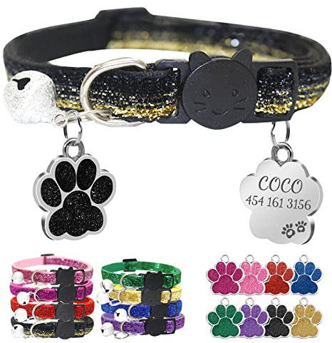 CAMAL Katzenhalsband mit Hundemarke Personalisiert, Katzenhalsband mit Namen und Adresse, Verstellbares Halsband für Haustiere 19–32 cm (Schwarz)