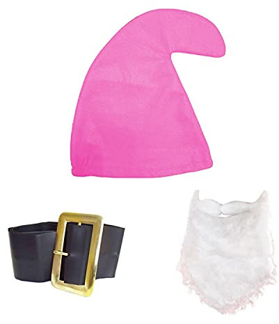 jokeshop Seven Dwarf/Dwarves Smurf Set (Pink Hat, Beard and Belt) Garden Gnome Fancy Dress Costume