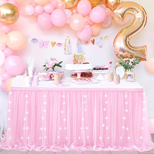 QueenDream Gonna da tavolo in tulle rosa da 2 m, a 2 strati, con LED per baby shower, decorazione per torte e torte
