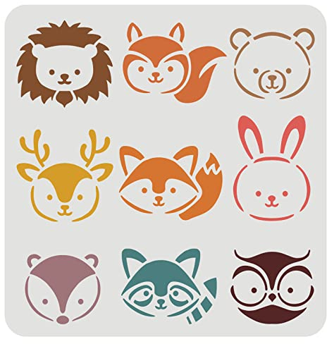 FINGERINSPIRE Tierkopf-Schablone, 30 x 30 cm, Kunststoff, Löwe, Bär, Fuchs, Schablone, Sika, Hirsch, Kaninchen, Eichhörnchen, Eule, Muster, wiederverwendbar, Waldtier-Schablonen zum Malen auf Holz,