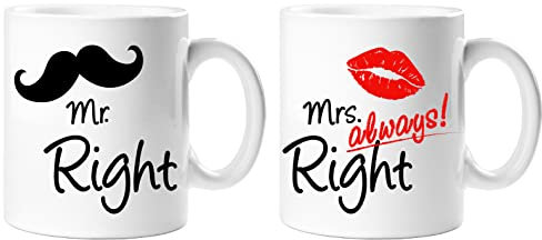 Mr and Mrs Mugs Set of 2 Always Right Couples Tea Cups White Cute Gifts for Anniversary, Engagement, Women, Bride Groom, Valentines, His Hers Wedding, Christmas Presents Husband and Wife Coffee Mug
