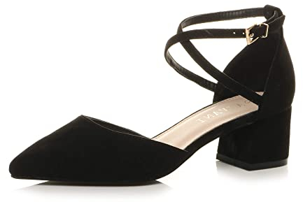 AJVANI Womens Ladies mid Block Heel Cross Strap Evening Mary Jane Court Shoes Size 5 38 Black Suede