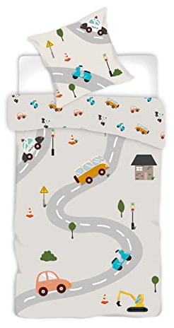 Brandmac Bettwäsche für Autos, 100 % Baumwolle, wendbar, Bettbezug 140 x 200 cm + Kissenbezug 65 x 65 cm, Bus, Polizei, Kran, Vespa...