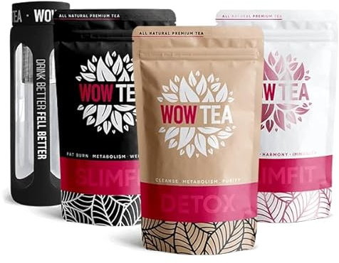 WOW TEA Complete change Pack: Ganz natürliches 21-Tage-Programm für ein gesünderes, schlankeres Ich (4er-Pack, SlimFit Tee, Detox Tee, Wellness Tee, Tee Flasche)
