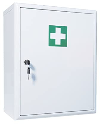Erste Hilfe Verbandschrank (leer), Medizinschrank mit 3 Fächern (2 verstellbar) + 2 Türfächer, Sicherheitsschloss – aus Metall, 48,5 x 40 x 20 cm – groß, robust - zum Aufhängen & Platz für mehr