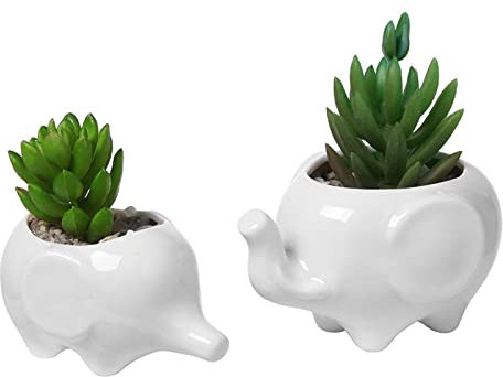 NEWCES Flower Pot Set of 2 Cute Elephant White Ceramic Flower Pot with Tray for Succulents Cactus Plants Small Pot Planter Home Garden Decoration Planter Pot