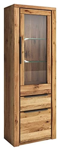 Home4You Vitrine - Eiche massiv - Eiche Dekor - B 70 cm - mit 2 Türen, 2 Glasböden und 1 Schublade