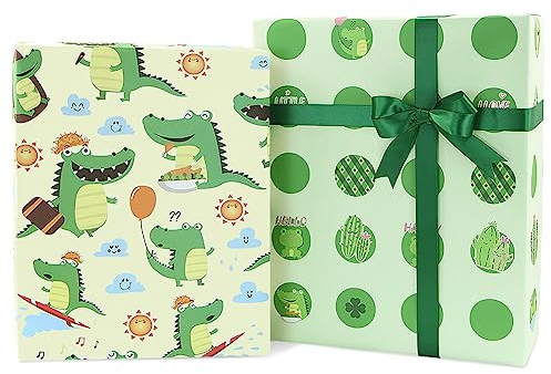 Grünes Geschenkpapier für Kinder, Mädchen und Jungen, Happy Crocodile Cactus Clover Lovely Frog Geschenkpapier für Geburtstag, Babyparty, Urlaub, 6 Blatt mit einer Rolle grünem Band