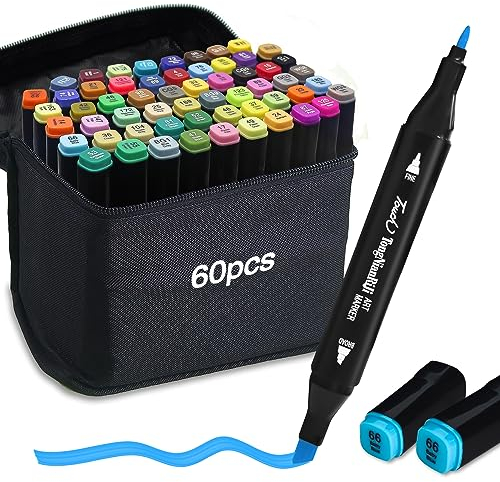 Alcohol Markers 60 Colours Alcohol Permanent Marker Pen Set, Colouring Pens for Adults, Dual Tip Markers for Colouring Books, Drawing, Sketching, Anime Design, Manga, Illustration