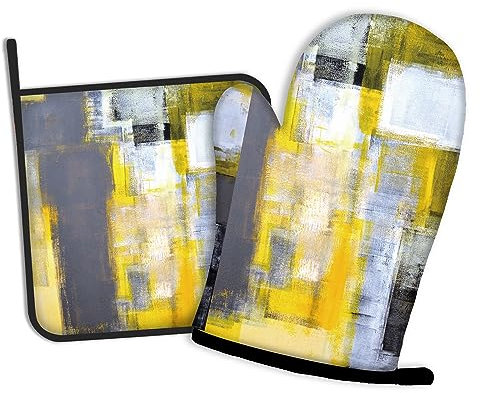 Grey and Yellow Abstract Art Painting Oven Mitts and Pot Holders Kitchen Cooking Gloves 2 Pcs Set Heat Resistant Pad for Baking BBQ Home Decor