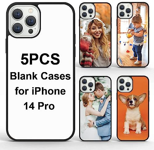 FOQENCCI 5PCS Sublimation Blank Phone Case for iPhone 14 Pro Heat Press Blanks Printable DIY Custom Phone Cover Soft Rubber + Aluminum Non-Slip Shockproof Protective Cover 6.1 inch