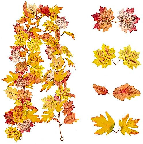 1pcs 170cm Maple Leaf Garland Orange Yellow,Artificial Autumn Mixed Color Fall Leaves Gifts for Autumnal Theme Party Crafts DIY Thanksgiving Day Halloween Decorations