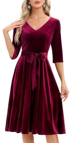 Bbonlinedress Samtkleid Damen Langarm Midilang Abendkleid elegant für Hochzeit Winter Festliche Kleider Vintage Rockabilly Cocktailkleid Party Weihnachtskleid Burgundy XL