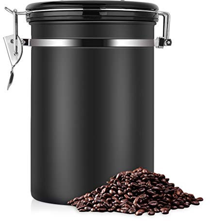 Boîte à café Hermetique 1,8 L en Acier Inoxydable, Grand Récipient Hermétique pour Marc et Grains en Acier Moulu avec Valve de Déclenchement de Suivi de Date, Pot Rangement Cuisine, Feuilles