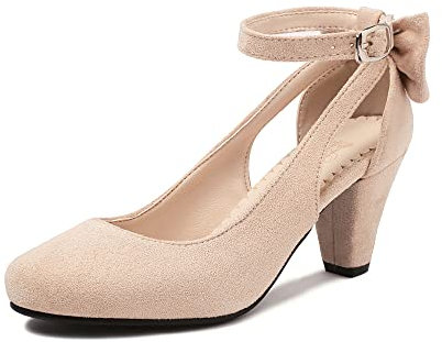 elerhythm Damen Mary Jane Bow Closed Toe Vintage Pumps Heels Gatsby Victorian 1920er Jahre Faux Wildleder Schuhe (Beige EU41)