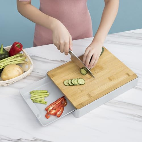 PandaHug Wooden Chopping Board Serving Tray, Bamboo Cutting Board with Slide Out Drawer Tray and Non-Slip Feet, Wooden Platter Perfect for Chopping Vegetables Meat Cheese Bread Kitchen Accessory