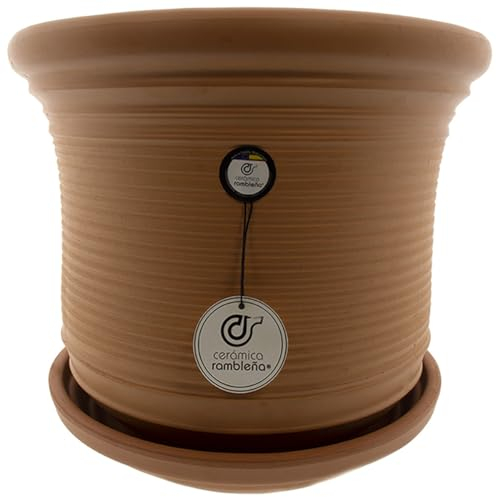 CÉRAMIQUE RAMBLEGNE | Grand pot | Pot original | Pot extérieur | Pot de fleurs en terre cuite basse rayée - Modèle J51 | Assiette incluse | 33 x 33 x 30 cm